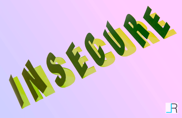 The word Insecure, printed in black, cut out and bent on a 90 degree angle on the same paper with a neon green background